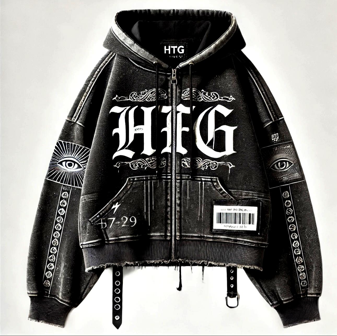 HTG Oversized Cropped Gothic Zip-Up Hoodie